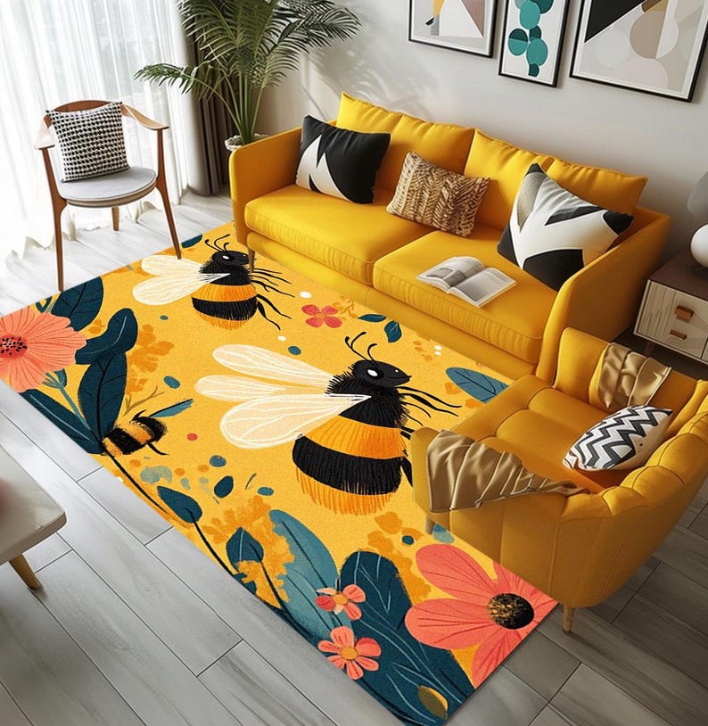 Bee design rug, Floral printed rug, Colorful area rug, Utility rug, Stain resistant rug, Foldable rug, Non slip backside rug, Cozy rug, 191