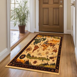World map print rug, Gothic rug, Neutral rug, Eclectic rug, Washable rug, Non slip backside rug, Foyer rug, Rustic rug, Saloon rug, 185