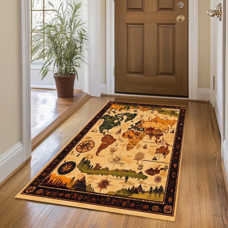 World map print rug, Gothic rug, Neutral rug, Eclectic rug, Washable rug, Non slip backside rug, Foyer rug, Rustic rug, Saloon rug, 185