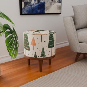 Tree design bench, Winter theme stool, Upholstered pouf, Soft touch bench, Saloon footrest, Round hallway seating, Boho home decoration