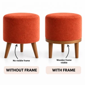 two identical orange ottomans, one without a visible frame and the other with a visible wooden frame. The ottoman without the frame is described as "Without Frame", while the one with the frame is described as "With Frame".