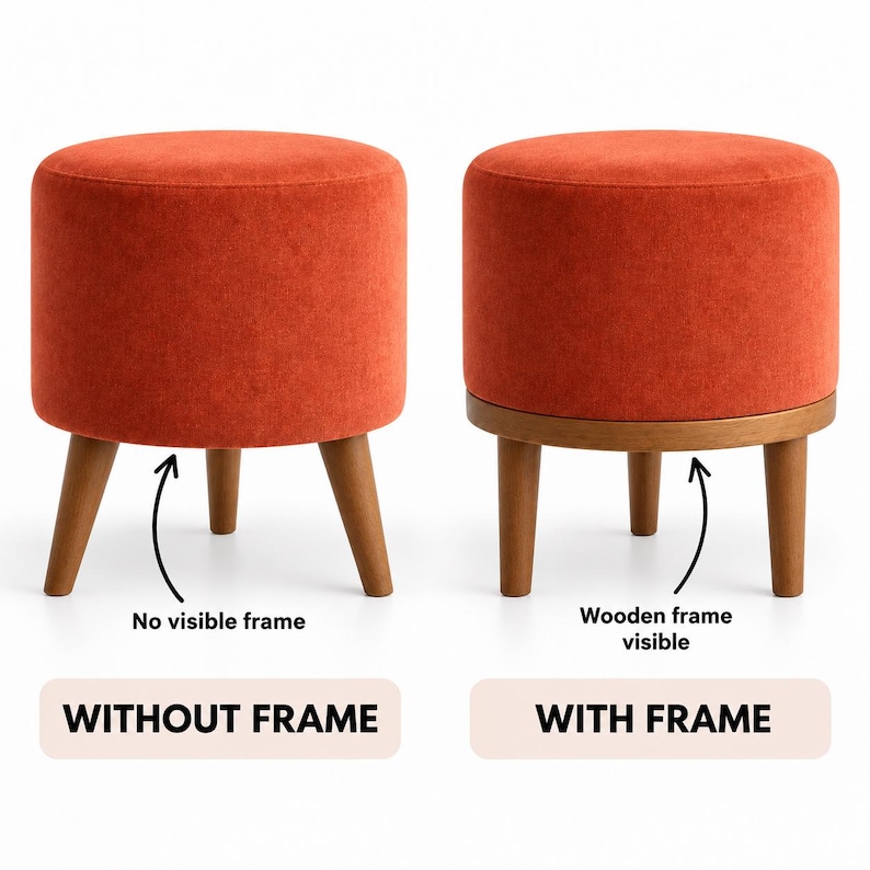 two identical orange ottomans, one without a visible frame and the other with a visible wooden frame. The ottoman without the frame is described as "Without Frame", while the one with the frame is described as "With Frame".