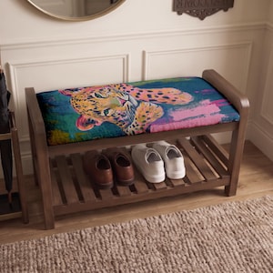 Blue Pink Leopard Shoe Rack | Entryway Storage Bench | Maximalist Mudroom Seat