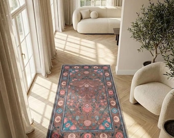 Modern vloerkleed met bloemenprint – wasbare antislip loper voor gang of nachtkastje, schattig interieur, housewarmingcadeau