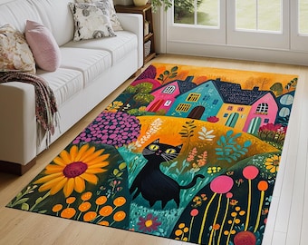 Black Cat Print Rug, Washable Non-Slip Floral Area Rug, Colorful Housewarming Gift for Living Room or Bedroom