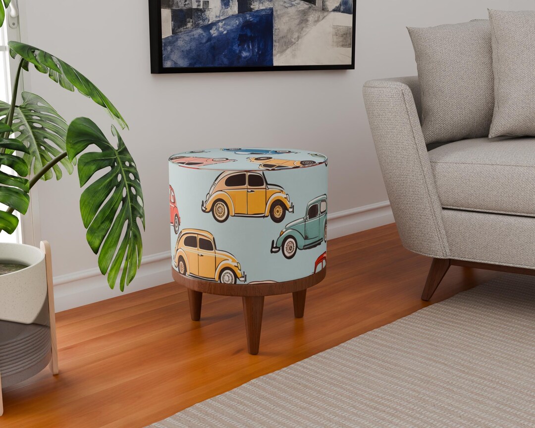 Ottoman Car Rack Round Ottoman Bench: Light Blue Car Motif, Cozy Footrest - Etsy