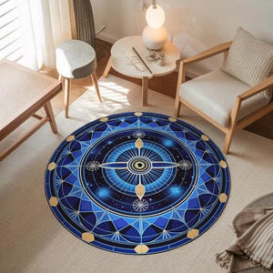 Cosmic Geometry Round Rug – Celestial Mandala Carpet – Blue Spiritual Universe Floor Decor for Meditation Room or Modern Living