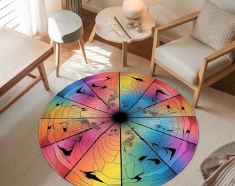 Rainbow mandala round rug, Vibrant color rug, Modern round rug, Rug for home entrance, Sustainable rug, Machine washable rug, Stylish rug