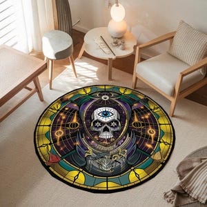 Mystic Skull Third Eye Rug – Esoteric Round Gothic Rug – Spiritual Witch Decor Carpet for Meditation or Occult Room