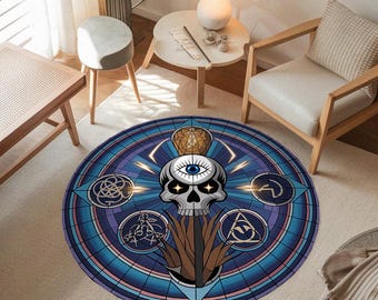 Symbolic skull print rug, Unique home decor round rug, Elegance rug, Soft touch rug, Rug for living room, Easy to clean rug, Colorful rug
