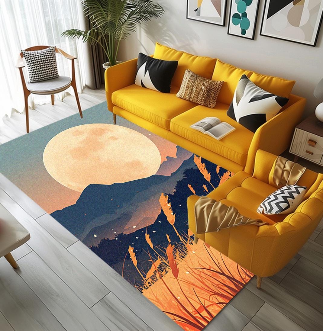 Night moon print rug, View pattern rug, Decorative living room rug, Non-slip backing, Farm print rug, High quality printed rug, 94