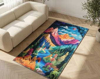 Vibrant Mountain Landscape Chenille Rug, Washable Non-Slip Area Carpet