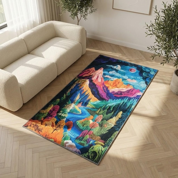 Modern living room rug, Print rug, Cute design rug, Pastel color rug, Handmade chenille rug, Home entrance rug, Anti-slip washable rug, 27