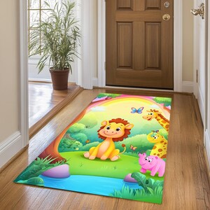 Forest print rug, Rug with wild animals, Rainbow rug, Summer rug, Washable rug, Non slip backside rug, Cute rug, Play room rug, 145