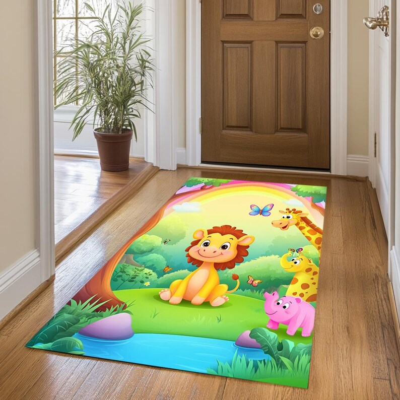 Forest print rug, Rug with wild animals, Rainbow rug, Summer rug, Washable rug, Non slip backside rug, Cute rug, Play room rug, 145