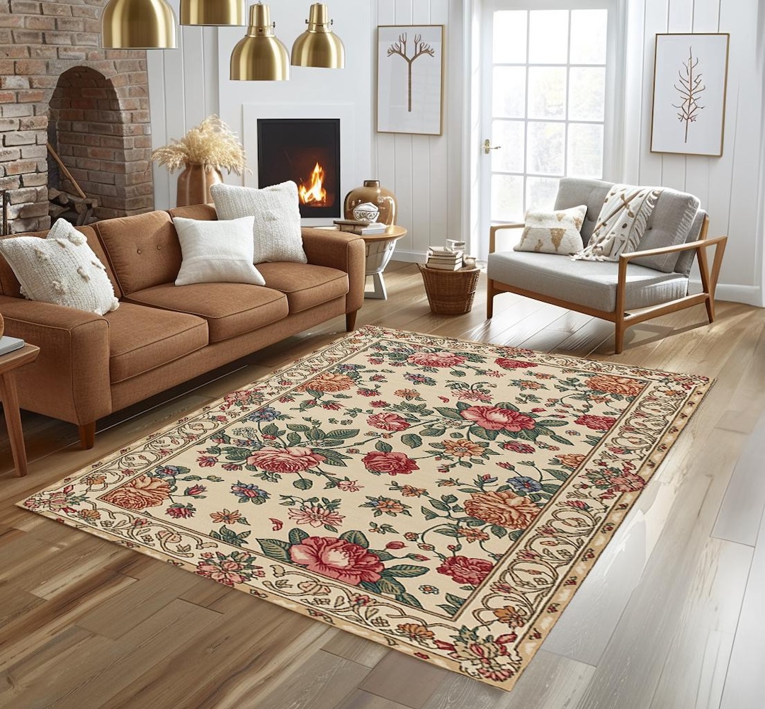 Pink Rose Floral Rug, Victorian Cottagecore Non Slip Carpet, Washable ...