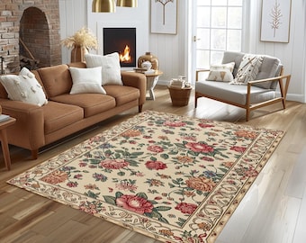 Pink Rose Floral Rug, Victorian Cottagecore Non Slip Carpet, Washable Country Print Mat, 949
