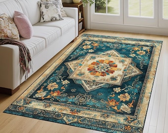 Ethnic decoration for home, Turkish print rug, Timeless style rug, Fade resistant rug, Thin comfort rug, Washable rug, Non-slip rug 12