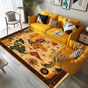 World map print rug, Gothic rug, Neutral rug, Eclectic rug, Washable rug, Non slip backside rug, Foyer rug, Rustic rug, Saloon rug, 185
