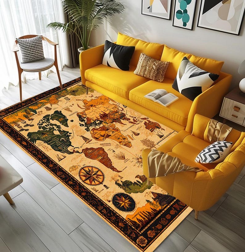 World map print rug, Gothic rug, Neutral rug, Eclectic rug, Washable rug, Non slip backside rug, Foyer rug, Rustic rug, Saloon rug, 185