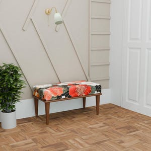 Contemporary organizer bench, Colorful floral design bench, Make up bench, Entryway bench, Wooden work indoor bench, Comfortable bench, 313