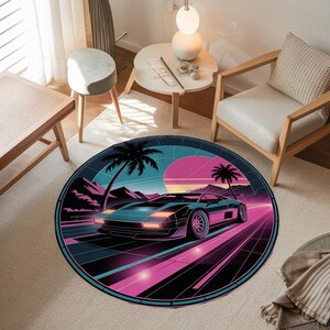 Car print rug, Neon colors rug, Stylish round rug, Bedroom rug, Home entrance rug, Under table rug, Non-skid rug, Sustainable rug, Cozy rug