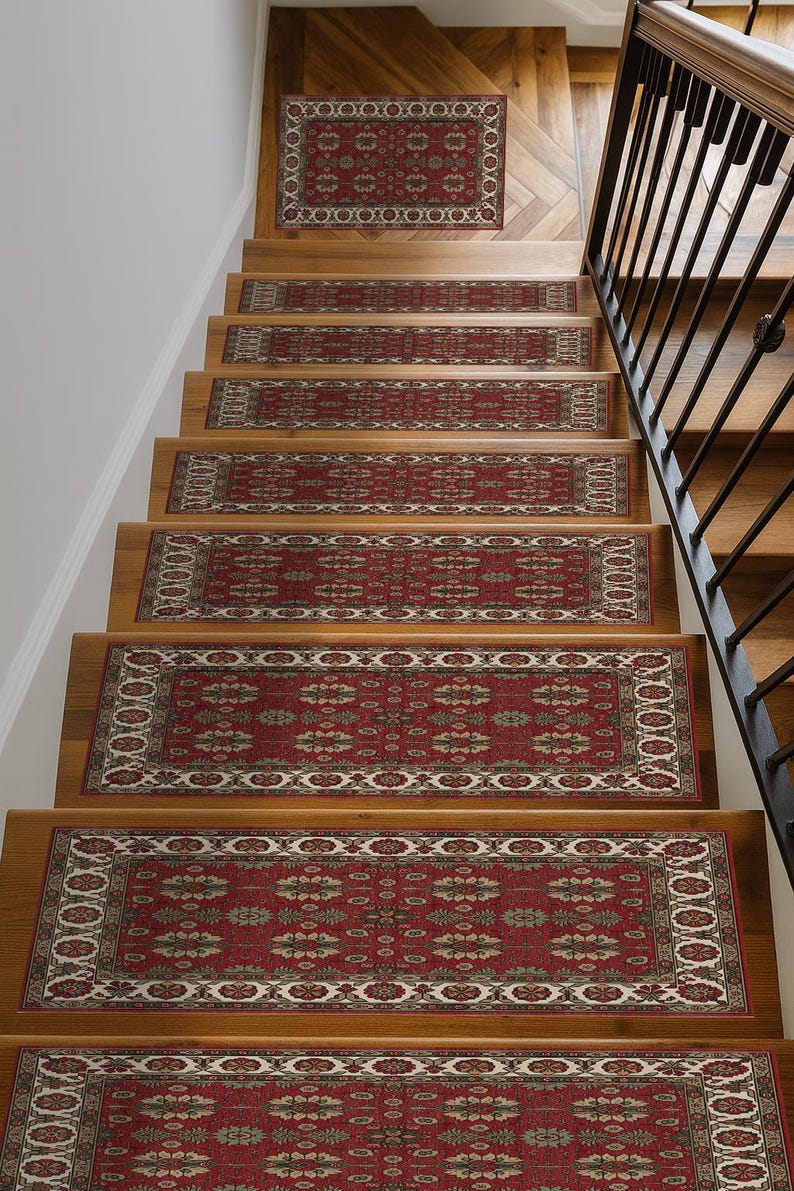 Merida Stair Rug Burgundy Red Traditional Stair Mats, Classic Floral Non-slip Step Rugs ...