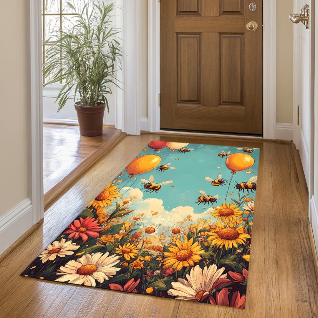 Bee Pattern Rug, Floral Rug, Floor Covering Rug, Washable Rug, Tiny Rug ...