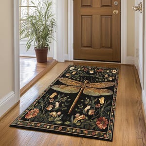 Alfombra con estampado de libélulas, alfombra botánica, alfombra gótica, alfombra de diseño único, regalo para ella, decoración de sala de estar, alfombra lavable, alfombra con base antideslizante, 424