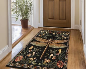 Dragonfly print rug, Botanical rug, Gothic rug, Unique design rug, Gift for her, Livingroom decor, Washable rug, Non slip back rug, 424