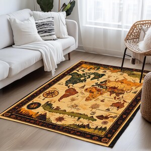 World map print rug, Gothic rug, Neutral rug, Eclectic rug, Washable rug, Non slip backside rug, Foyer rug, Rustic rug, Saloon rug, 185