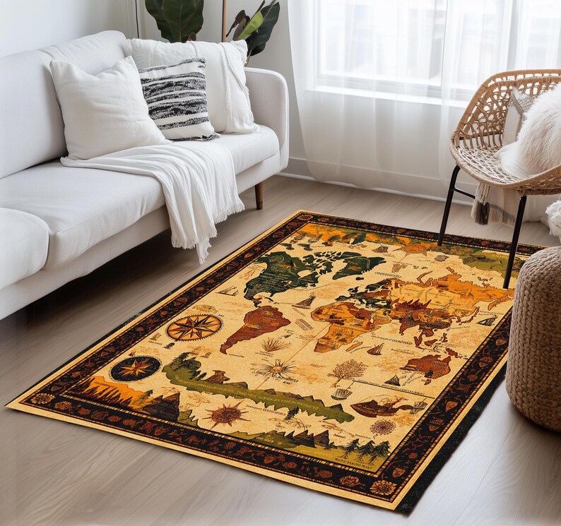 World map print rug, Gothic rug, Neutral rug, Eclectic rug, Washable rug, Non slip backside rug, Foyer rug, Rustic rug, Saloon rug, 185
