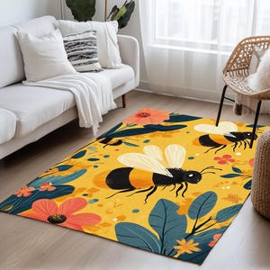 Bee design rug, Floral printed rug, Colorful area rug, Utility rug, Stain resistant rug, Foldable rug, Non slip backside rug, Cozy rug, 191
