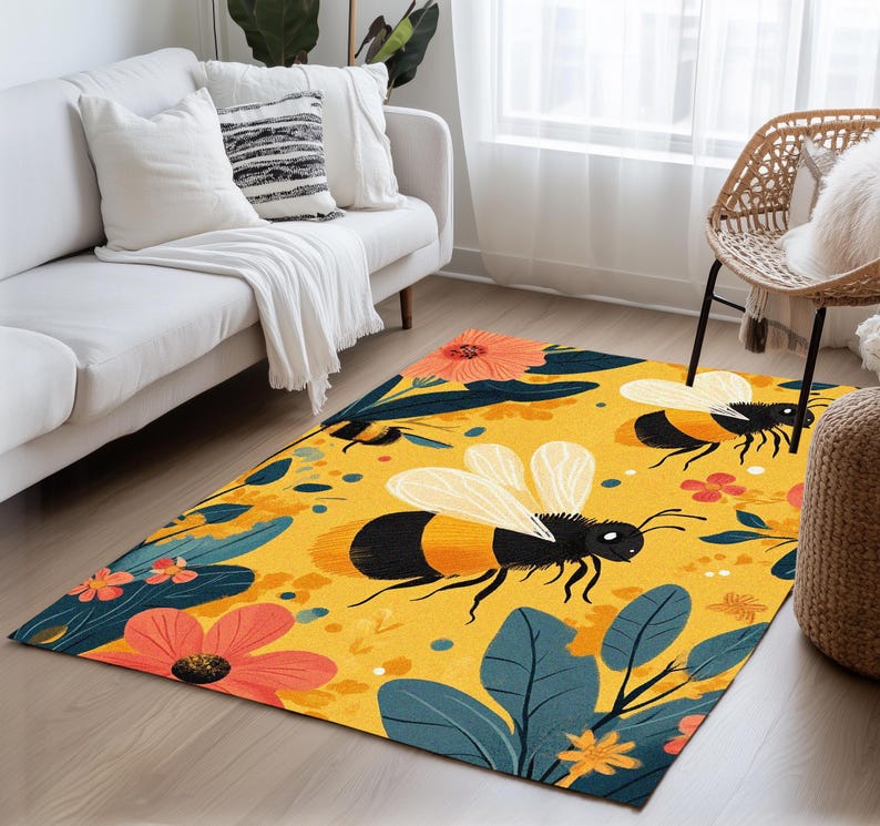 Bee design rug, Floral printed rug, Colorful area rug, Utility rug, Stain resistant rug, Foldable rug, Non slip backside rug, Cozy rug, 191