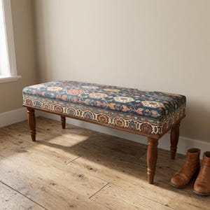 Blue Multicolor Geometric Bench | Printed Patchwork Upholstery | Eclectic Bedroom Accent Seating