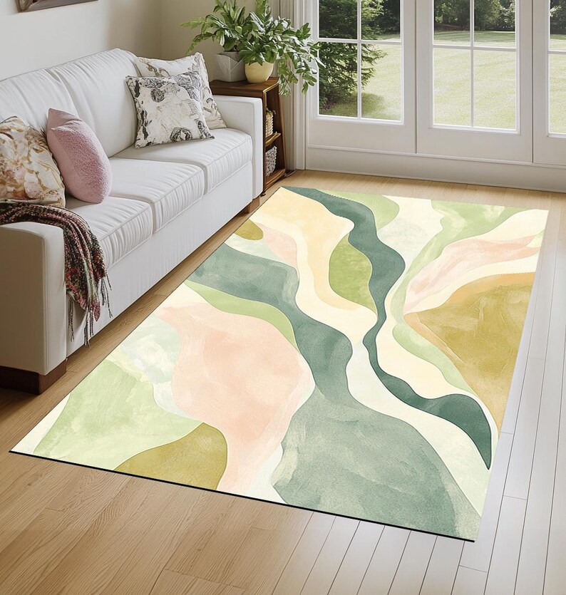 Sage green rug, Pastel at print, Minimalist design rug, Durable rug, Reading corner rug, Vanity rug, Washable rug, Non slip back rug, 451