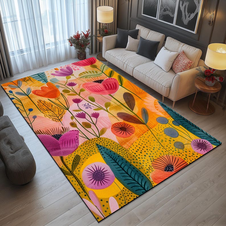 Floral design rug, Living room rug, Colorful printed rug, Machine washable rugs, Anti slip rug, Housewarming gifts, Utility rugs, 219