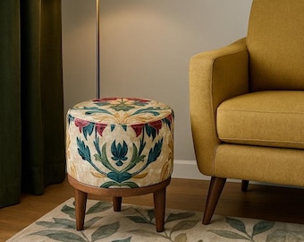 Round Ottoman Bench - Stylish Wood Frame with Printed Rug Seat
