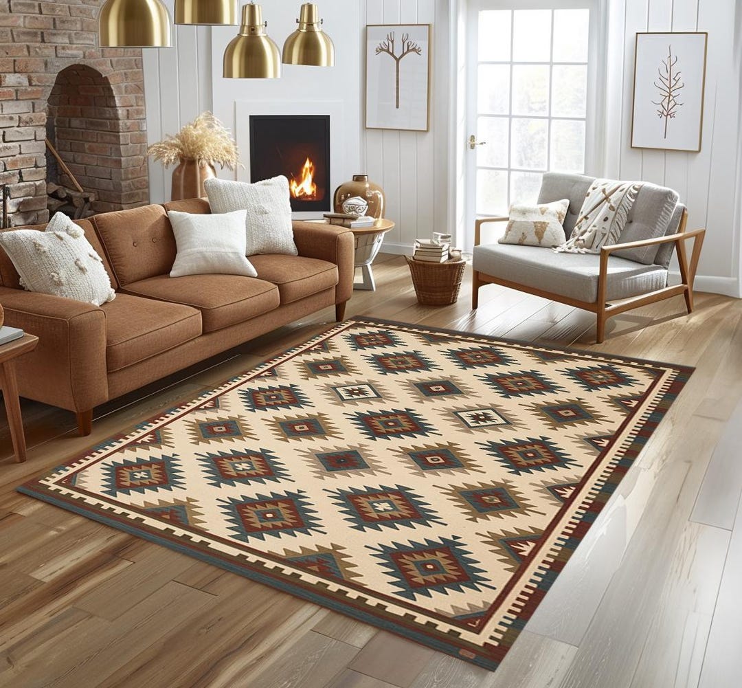 Material Rug Aztec Cream Geometric Aztec Rug, Washable Southwestern Tribal Print Carpet ...
