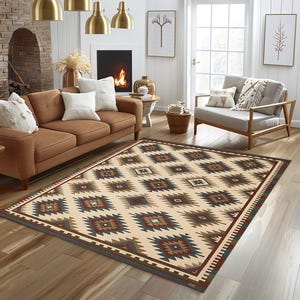 Crèmekleurig geometrisch Aztekenkleed, wasbaar tapijt met Zuidwestelijke tribale print, antislip boho mat, 904