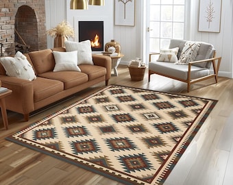 Cream Geometric Aztec Rug, Washable Southwestern Tribal Print Carpet, Non Slip Boho Mat, 904