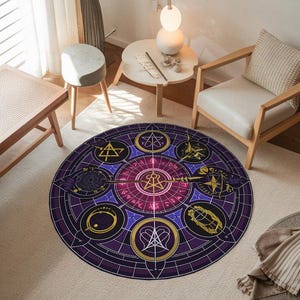 Mystic Circle Rug – Witchy Round Magic Carpet with Occult Symbols – Astrology Spell Circle Floor Mat for Meditation or Gothic Decor