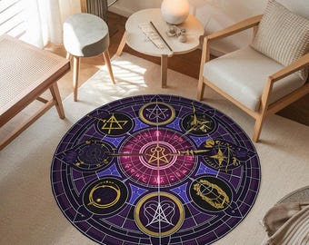 Mystic Circle Rug – Witchy Round Magic Carpet with Occult Symbols – Astrology Spell Circle Floor Mat for Meditation or Gothic Decor