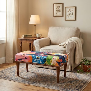 Ottoman Bench: Vibrant Cat Pattern Upholstery (Multiple Sizes Available) 165