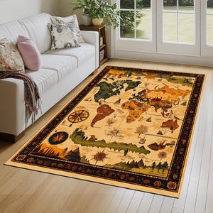 World map print rug, Gothic rug, Neutral rug, Eclectic rug, Washable rug, Non slip backside rug, Foyer rug, Rustic rug, Saloon rug, 185