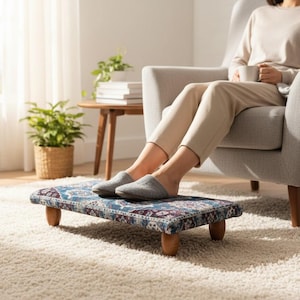 Faded Blue Rug Print Footstool, Stepstool for Adults & Closet, Antique Stool, rugspeare 1096
