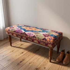 Multicolor Geometric Bench | Patchwork Floral Pattern | Boho Bedroom and Entryway Seating
