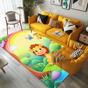Forest print rug, Rug with wild animals, Rainbow rug, Summer rug, Washable rug, Non slip backside rug, Cute rug, Play room rug, 145