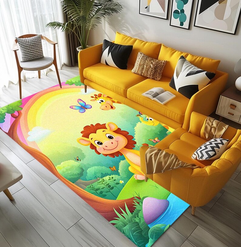 Forest print rug, Rug with wild animals, Rainbow rug, Summer rug, Washable rug, Non slip backside rug, Cute rug, Play room rug, 145