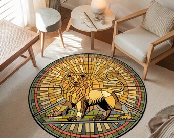 Lion design artistic rug, Geometric pattern rug, Round shape rug, Contemporary rug, Sustainable rug, Custom sizes rug, Non-slip backing rug